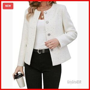 Short Tweed Sequin Blazer Cropped Round Neck Sparkly Jacket